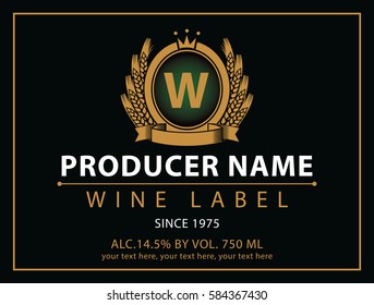 vector labels for wine with  coat of arms with ears of wheat and crown in black and gold