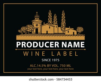 vector labels for wine with village with a vineyard in black and gold