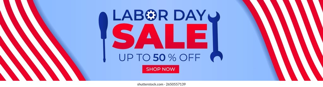 Vector Labor Day Sale Horizontal Banner with American Flag Stripes, Web Template, Up to 50 Percent Off