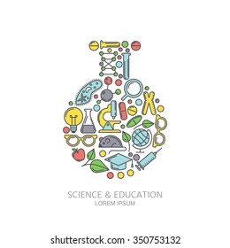 Vector laboratory background. Line icons set and design elements. Concept for medical, chemical industry, technologies and innovation themes. Illustration for science, research or education subject.