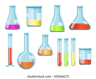 Vector laboratory glassware with liquids of different colors