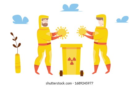 Vector  of laboratory scientists treat coronavirus. Laboratory testing of the virus. Toxic waste. Infectious disease doctor in a medical laboratory. Medical personal with with viral bacteria.
