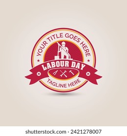 Vector Labour Day logo featuring work tools icons and a workman model standing.