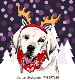 Vector labrador retriever dog wears reindeer antlers tiara and bandana. Isolated on snowy trees and sparklers. Sketched color illustration. Christmas, Xmas, New year. Party decoration, greeting card.