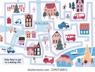 Vector labyrinth children maze illustrated. Winter in town, city easy simple drawing map. Merry Christmas New Year Feliz navidad, Neujahr, Capodanno,le Nouvel. Cars, houses, buildings, trees, streets.