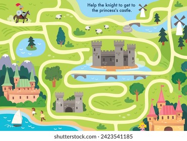 Vector labyrinth colorful maze for children, with fortress fort, medieval fairytale magical magic royal palace, fairy castle. Country side. svg
