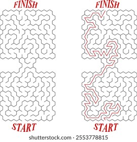 Vector labyrinth composed of 2connected rectangular mazes with hexagonal cell. Black and white riddle with entry and exit. Find the way through labyrinth puzzle.
