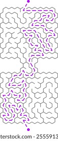 Vector labyrinth composed of 2connected rectangular mazes with hexagonal cell. Black and white riddle with entry and exit. Find the way through labyrinth puzzle.
