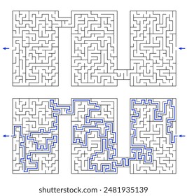 Vector labyrinth composed of 3 connected vertical rectangular mazes. Black and white riddle with entry and exit. Find the way through labyrinth puzzle. 

