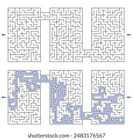 Vector labyrinth composed of 3 connected vertical rectangular mazes. Black and white riddle with entry and exit. Find the way through labyrinth puzzle. 
