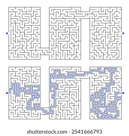 Laberinto de Vector compuesto por 3 laberintos rectangulares de Vertical conectados. Adivinanza en blanco y negro con entrada y salida. Encuentra el camino a través del rompecabezas del laberinto. Juego de dificultad de nivel Mediano.