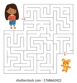 Juego de laberinto vectorial. Ayude a la chica a encontrar el camino correcto para su oso de peluche. Magnate educativo para niños. Personajes de caricatura de Kawaii.