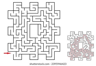 Vector labyrinth with the goal to reach a center of the maze. Difficulty level - easy. Children logic game for brain training isolated on white background.