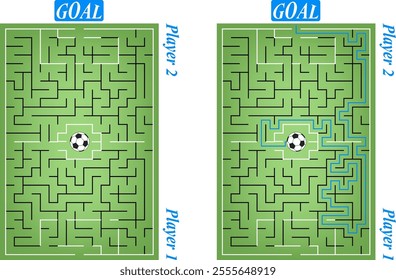 Vector labyrinth inside the football stadium. Help the Player 1 win. Move the ball from the center of grass field to the goal of Player 2. Creative flat soccer maze. View from top.