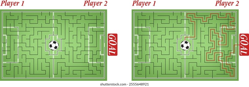 Vector labyrinth inside the football stadium. Help the Player 1 win. Move the ball from the center of grass field to the goal of Player 2. Creative flat soccer maze. View from top.