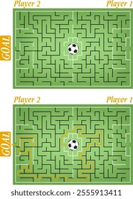 Vector labyrinth inside the football stadium. Help the Player 1 win. Move the ball from the center of grass field to the goal of Player 2. Creative flat soccer maze. View from top.