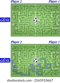 Vector labyrinth inside the football stadium. Help the Player 1 win. Move the ball from the center of grass field to the goal of Player 2. Creative flat soccer maze. View from top.