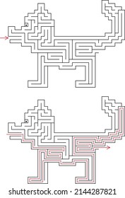 Vector labyrinth inside shape of dog with entry in it's mouth and exit in cloaca. Joke maze with solution - red passing route. Light difficulty level. Children simple logic game for brain training.