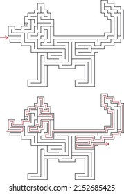 Vector labyrinth inside shape of dog with entry in it's mouth and exit in cloaca. Joke maze with solution - red passing route. Light difficulty level. Children simple logic game isolated on white.