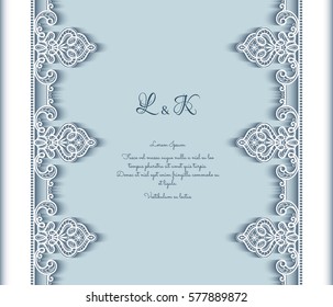Vector lace background with cutout paper border pattern, wedding invitation or announcement template, elegant decoration for laser cutting or wood manufacturing, eps10