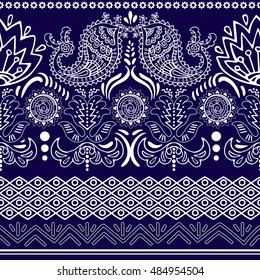 Borde sin fisuras de encaje vectorial con elementos florales y paisley. Patrón de rosa retro, adorno floral