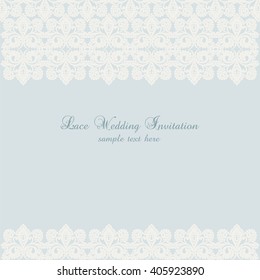 Vector lace crochet card background, wedding invitation or greeting card design with lace handmade doily pattern. Beautiful luxury postcard, ornate page cover, ornamental vector illustration