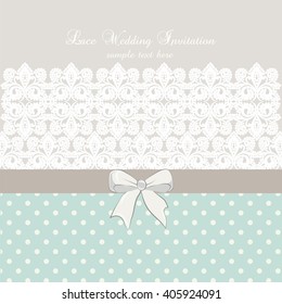 Vector lace crochet card with bow and retro dotted design. Wedding invitation or greeting card design with lace handmade doily pattern. Beautiful luxury postcard, ornate page cover, ornamental vector 