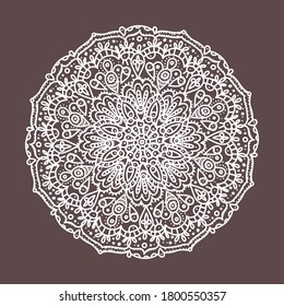 Vector lace doily, round print white line art on a dark background isolated. Embroidery, lace, print for fabric, beautiful delicate snowflake.