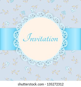 Vector lace frame with blue ribbon on floral background. Vintage invitation card. Floral background - seamless pattern