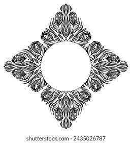 Vector lace frame with crocuses and place for text. Decorative card of black silhouette spring flowers and copy space isolated from backdrop. Border of tracery floral bouquet for postcard, invitation