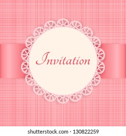 Vector lace frame on pink seamless textile background. Vintage invitation card.