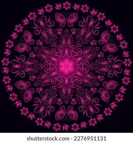 Vector lace mandala with wavy doodle elements and butterflies on a pbrple gradient background
