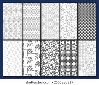 Vector lace and mesh pattern swatches collection traditional. Chinese and Japanese oriental seamless pattern geometric set. Muslim ornament backdrop. Arabic patterns oriental style curly line vector