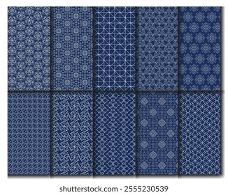 Vector lace and mesh pattern swatches collection traditional. Chinese and Japanese oriental seamless pattern geometric set. Muslim ornament backdrop. Arabic patterns oriental style curly line vector
