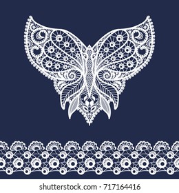 Vector lace neckline and border. Neck print with butterfly shape and floral ornament. Decorative elements for design and fashion. Lacy vintage ornament