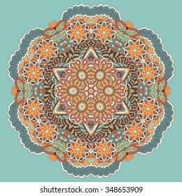 Vector lace pattern, circle background with many details. Mandala design. Hand drawn decorative elements. Eps10 vector illustration.