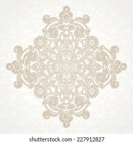 Vector lace pattern in Eastern style on scroll work background. Ornate element for design. Ornamental pattern for wedding invitations, greeting cards. Traditional outline decor.