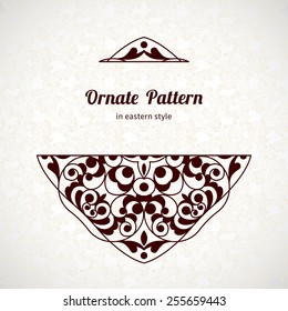 Vector lace pattern in Eastern style on scroll work background. Ornate element for design. Place for text. Ornamental pattern for wedding invitations, greeting cards. Traditional black decor.