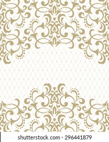 Vector Lace Pattern In Eastern Style On Scroll Work Background. Ornate Element For Design. Place For Text. Ornamental Pattern For Wedding Invitations, Greeting Cards.Traditional Outline Decor.