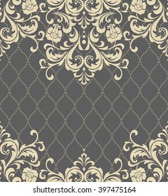 Vector lace pattern in Eastern style on scroll work background. Ornate element for design. Place for text. Ornamental pattern for wedding invitations, greeting cards. Seamless background.