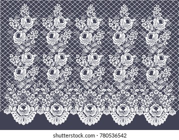 Vector lace pattern on the grid. Openwork band with flowers reaching upward. Lace curtains. Decorative border