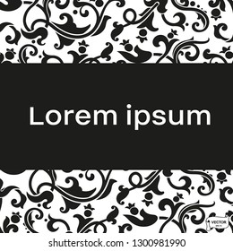 Vector lace pattern on scroll work background. Ornate element for design. Place for text. Ornamental frame for wedding invitations, black and white greeting card.