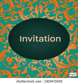 Vector lace pattern on scroll work background. Ornate element for design. Place for text. Ornamental frame for wedding invitations, green and yellow greeting card.