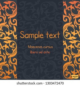 Vector lace pattern on scroll work background. Ornate element for design. Place for text. Ornamental frame for wedding invitations, gray and gold greeting card.