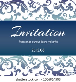 Vector lace pattern on scroll work background. Ornate element for design. Place for text. Ornamental frame for wedding invitations, blue and white greeting card.