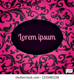 Vector lace pattern on scroll work background. Ornate element for design. Place for text. Ornamental frame for wedding invitations, black and pink greeting card.