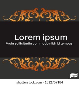 Vector lace pattern on scroll work background. Ornate element for design. Place for text. Ornamental frame for wedding invitations, gray and gold greeting card.