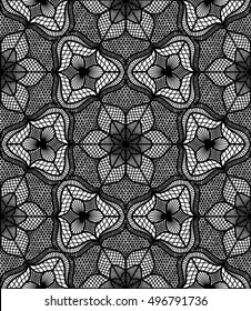 Vector lace pattern. Seamless dot background on geometric hexagon ornament. Dotted black and white illustration. Decorative fabric print, furniture textile. Fine design. Elegant tulle outfit element.