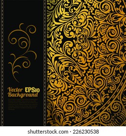 Vector lace pattern in Victorian style. Element for design. Ornamental backdrop. Golden floral ornament on dark background. Ornate decor for invitations, menu, interior design. Deluxe pattern fill.