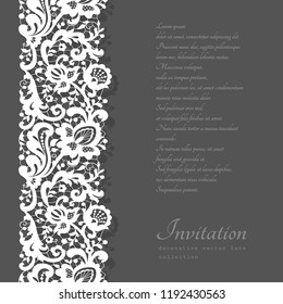 Vector lace ribbon with floral ornament, white crochet border pattern on neutral background, elegant cutout decoration for wedding invitation card